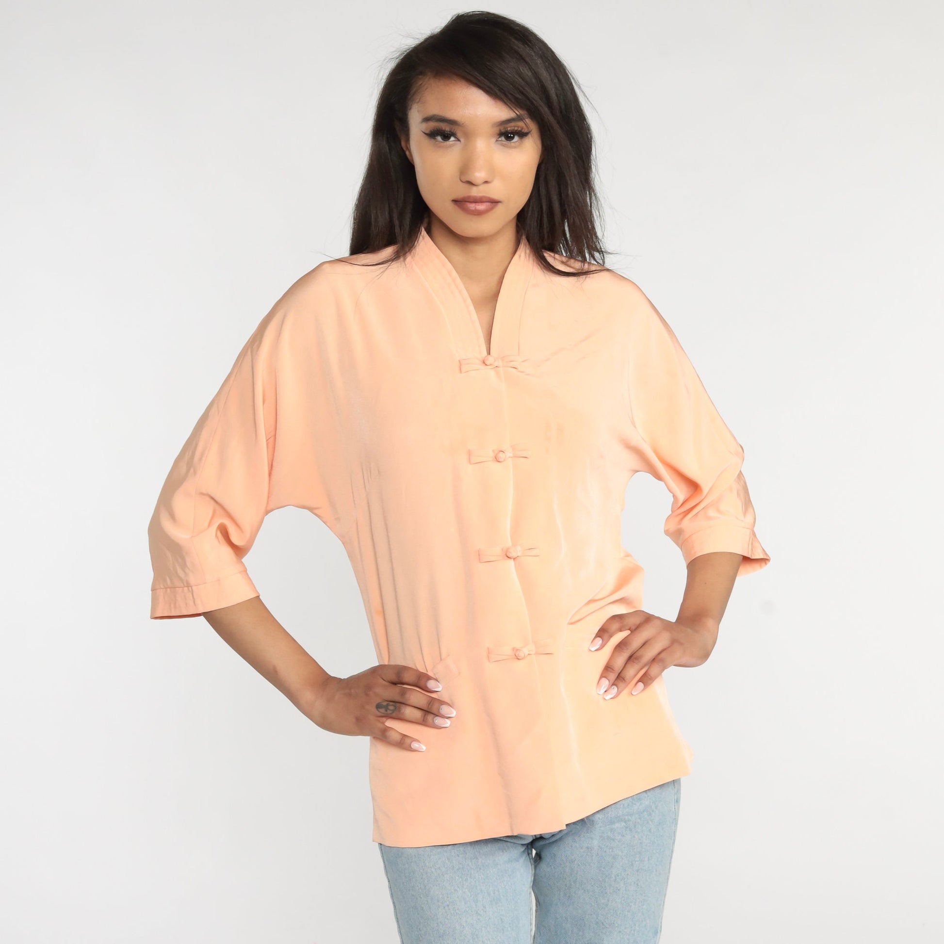 70s Peach Blouse Short Sleeve Frog Button Shirt Medium Large
