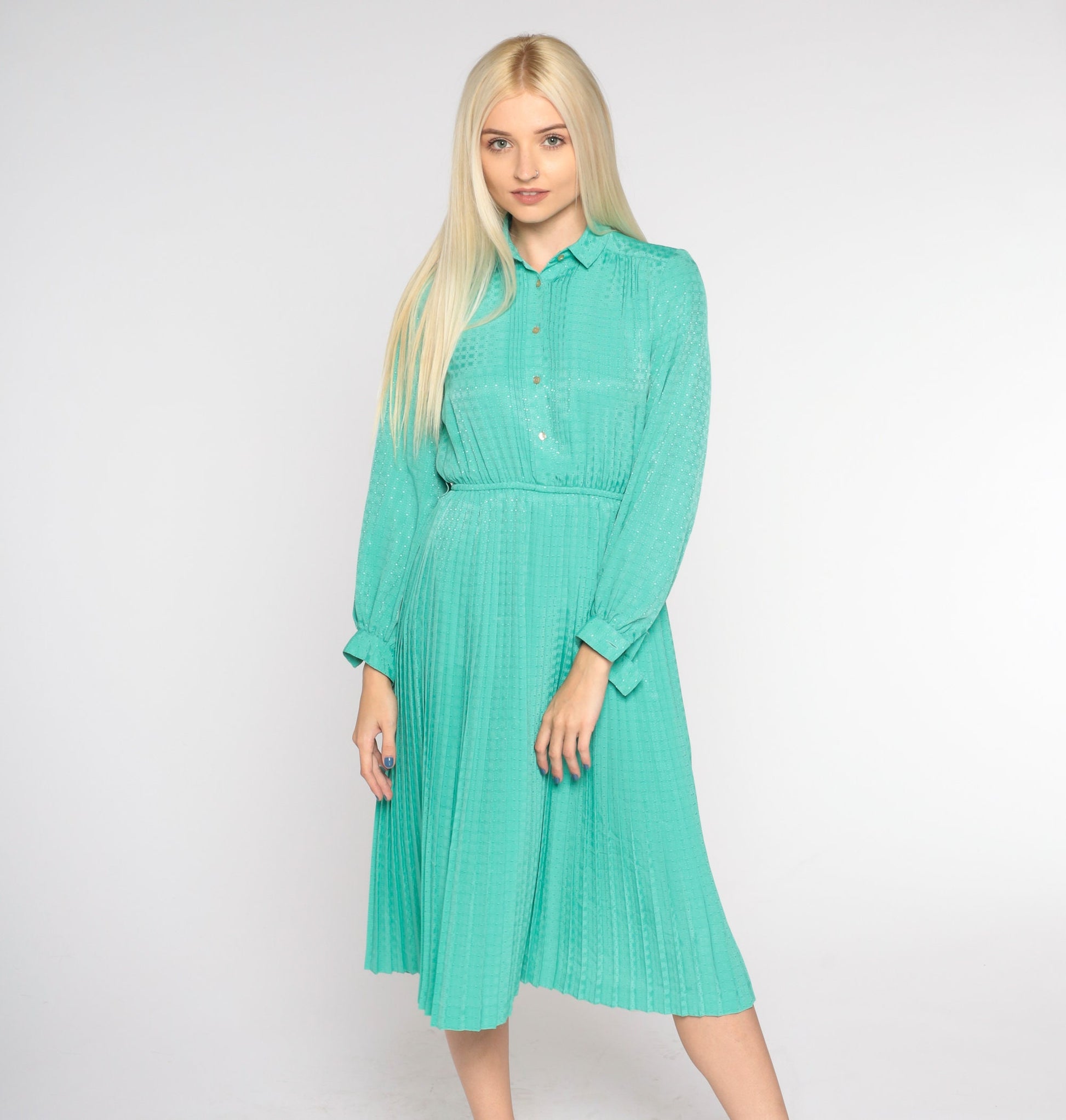 80s Seafoam Green Midi Dress High Waist Pleated Tuxedo Ruffle Small