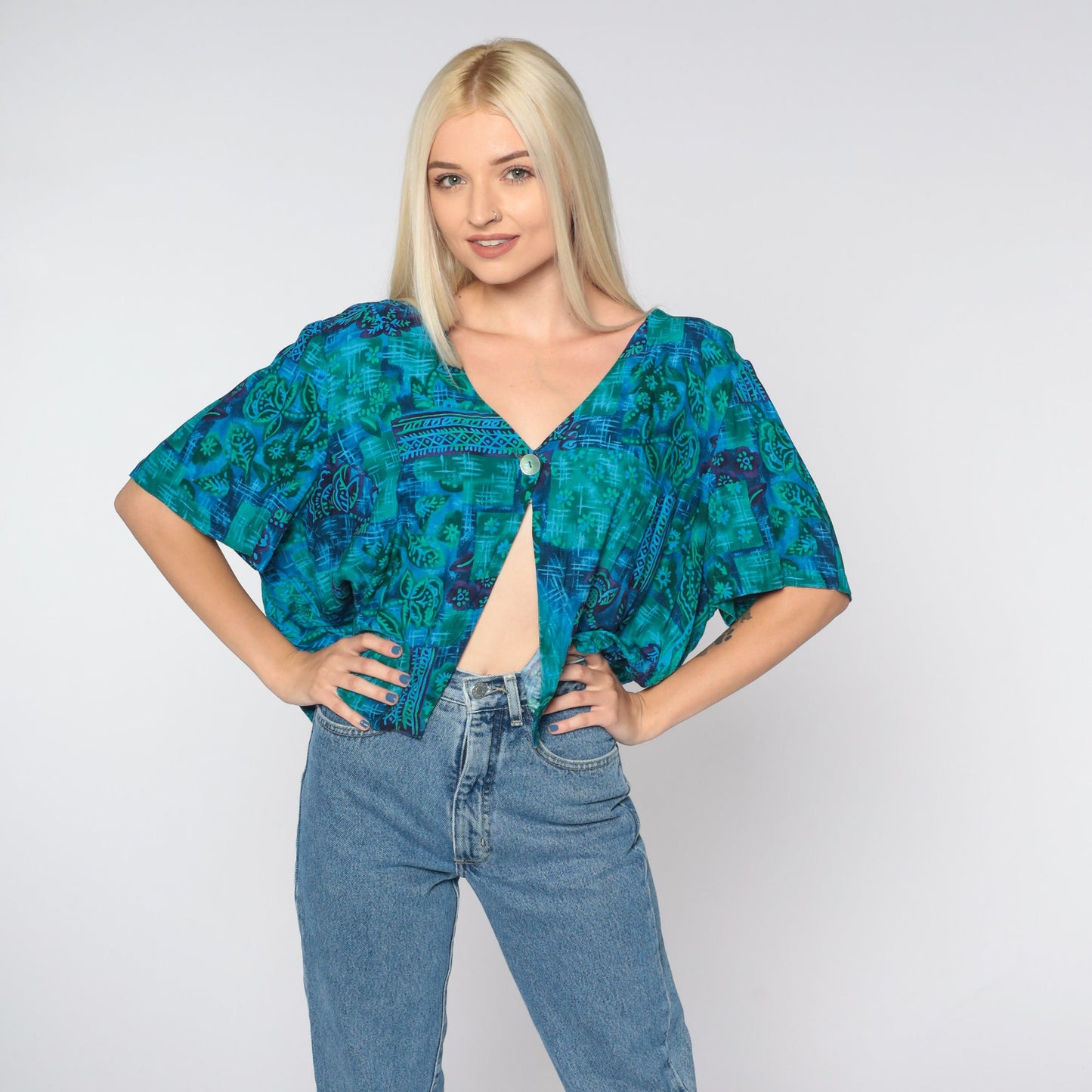 90s Blue Floral Rayon Blouse Open Front Button Up Short Sleeve Extra Extra Large XXL