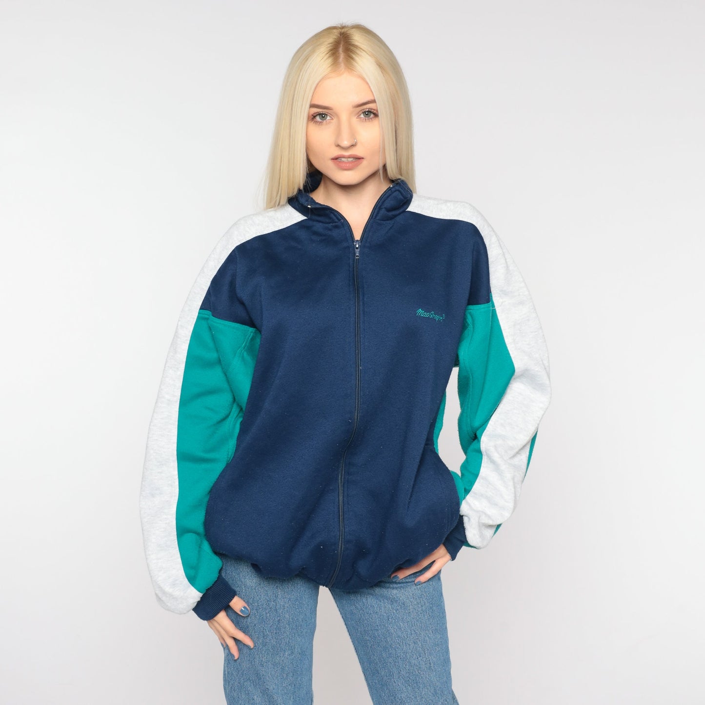 80s MacGregor Track Jacket Zip Up Sweatshirt Blue Green Colourblock Large L