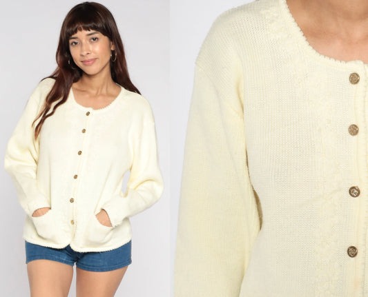 80s Floral Embroidered Cardigan Cream Button-Up Knit Sweater Medium Large