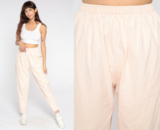 80s Baby Pink Cotton Tapered Pants Elastic Waist Pull-On Medium