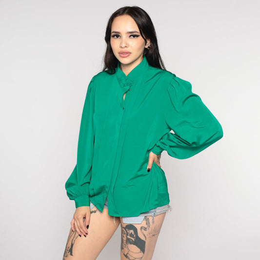 80s Green Pleated Blouse Puff Sleeve Collared Button-Up Medium