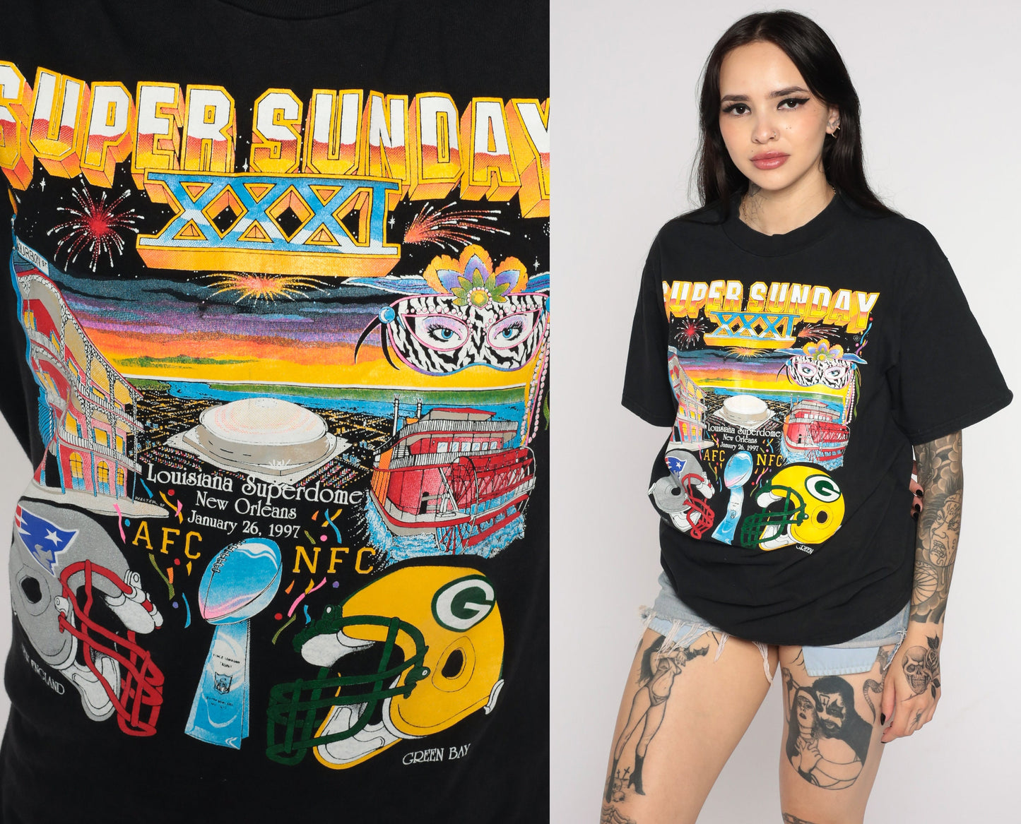1997 Super Bowl XXXI Packers vs Patriots NFL Tee Black Cotton Medium