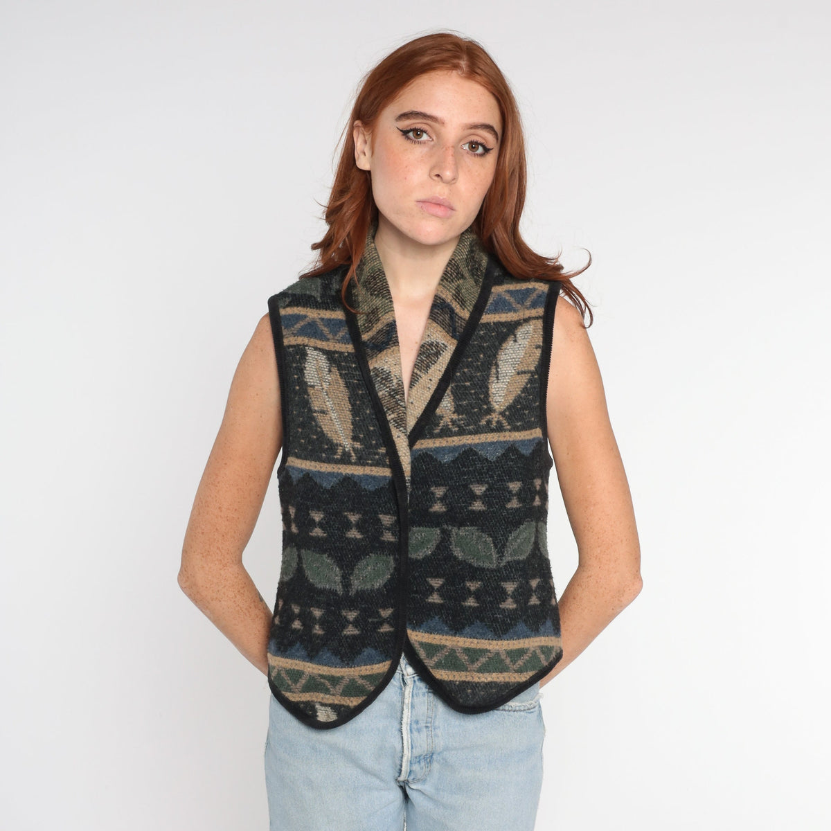 90s Tapestry Vest Leaf Feather Print Open Front Sleeveless Small