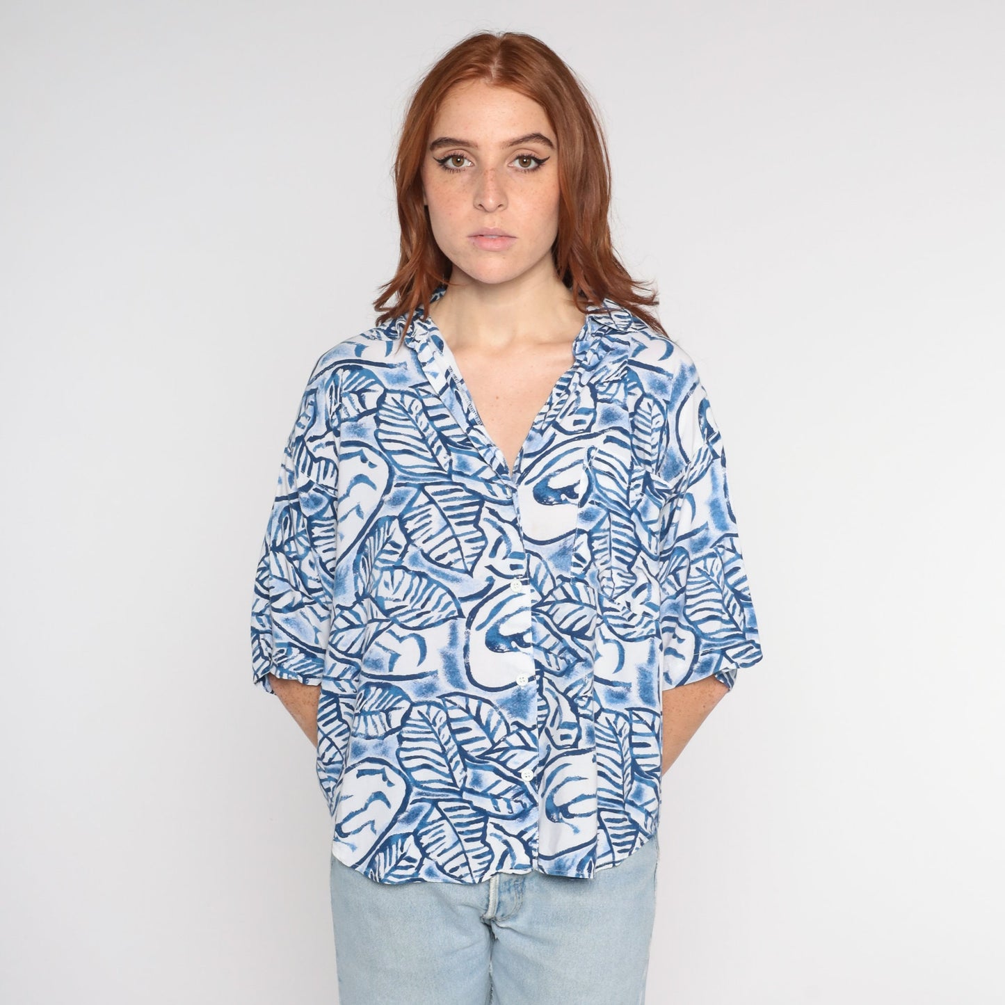 90s Blue White Leaf Print Button Up Shirt Rayon Large L