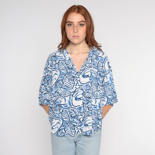 90s Blue White Leaf Print Button Up Shirt Rayon Large L