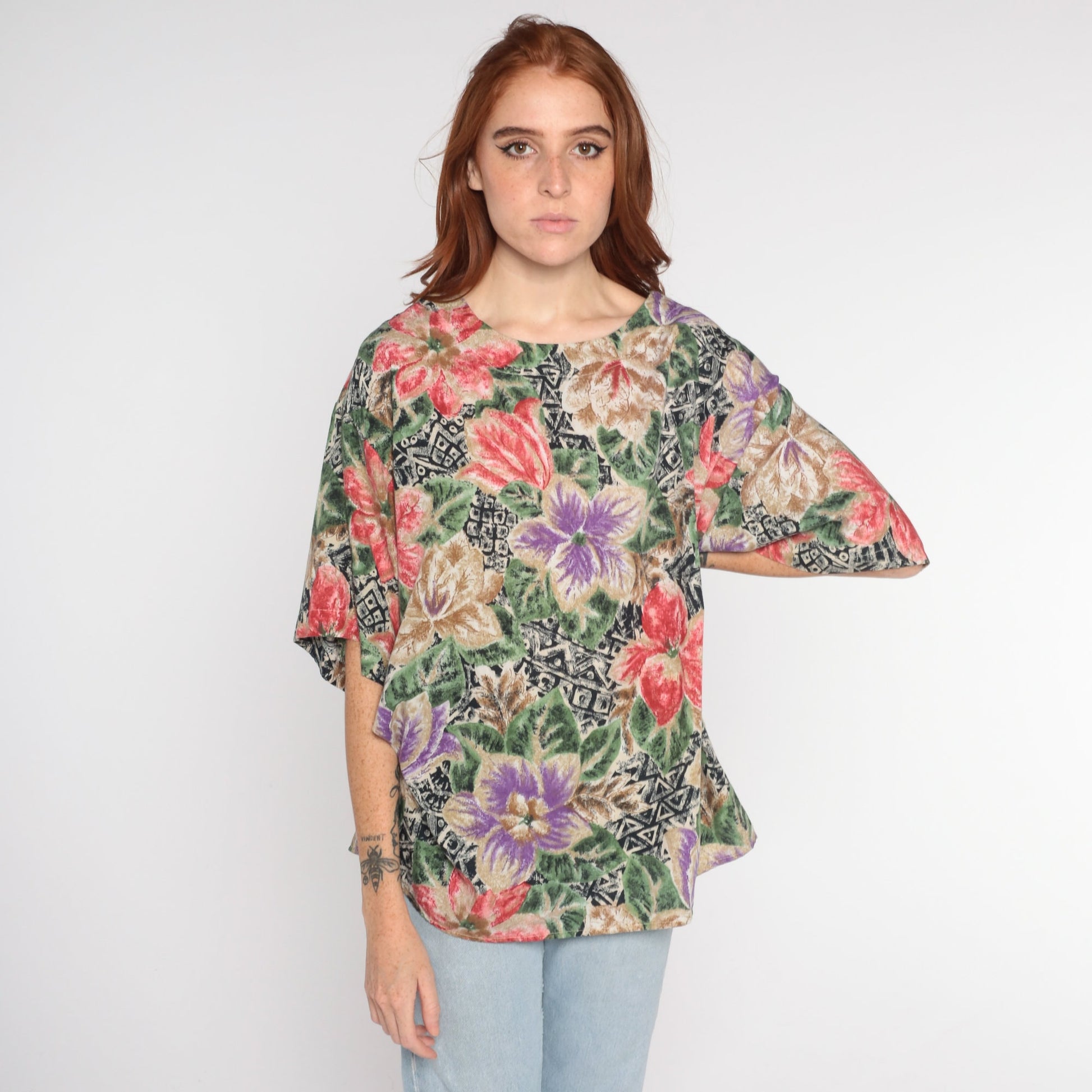 90s Hawaiian Floral Geometric Print Blouse Short Sleeve Plus Size XXL