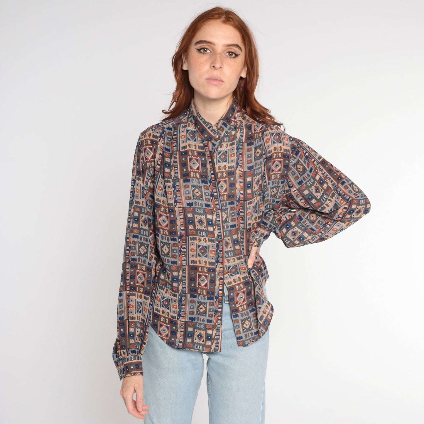 80s Geometric Print Button Up Blouse Mandarin Collar Balloon Sleeve Medium