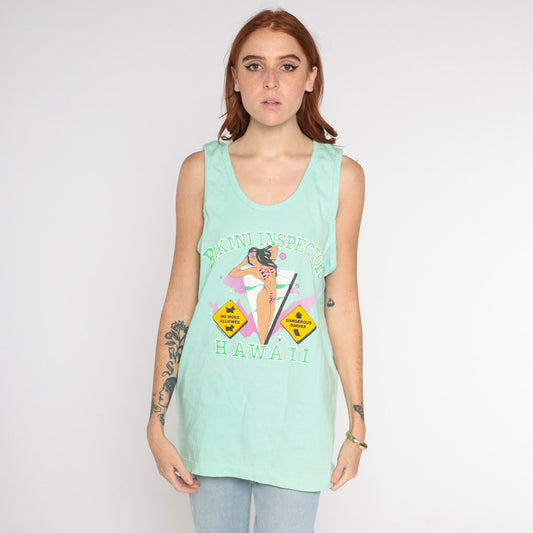 80s Bikini Inspector Tank Top Hawaii Graphic Mint Green Large