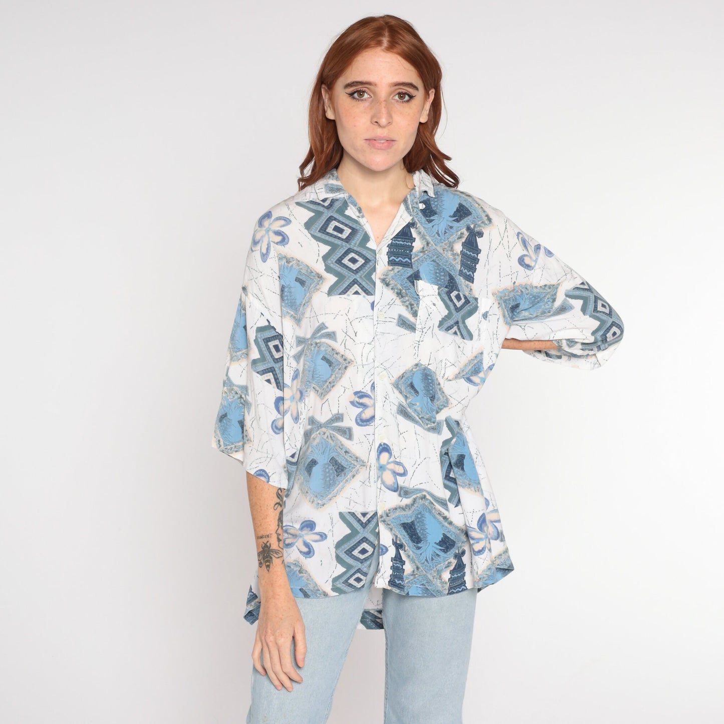 Y2K Tropical Pineapple Print Button Up Shirt White Blue Abstract Mens Large
