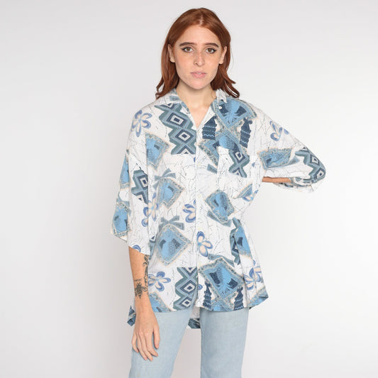 Y2K Tropical Pineapple Print Button Up Shirt White Blue Abstract Mens Large
