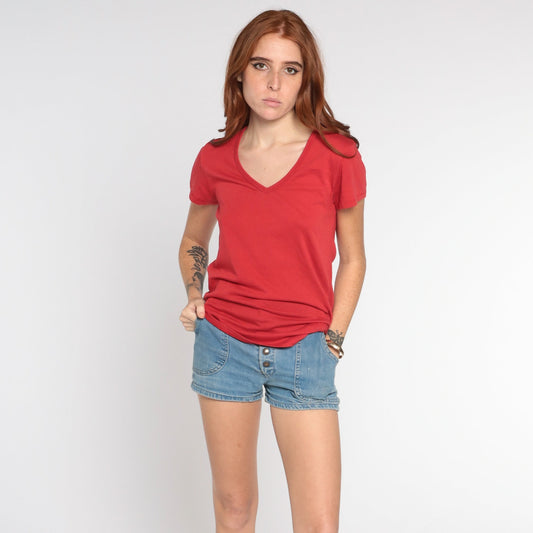 80s Red V-Neck T-Shirt Single Stitch Cotton Tee Medium M