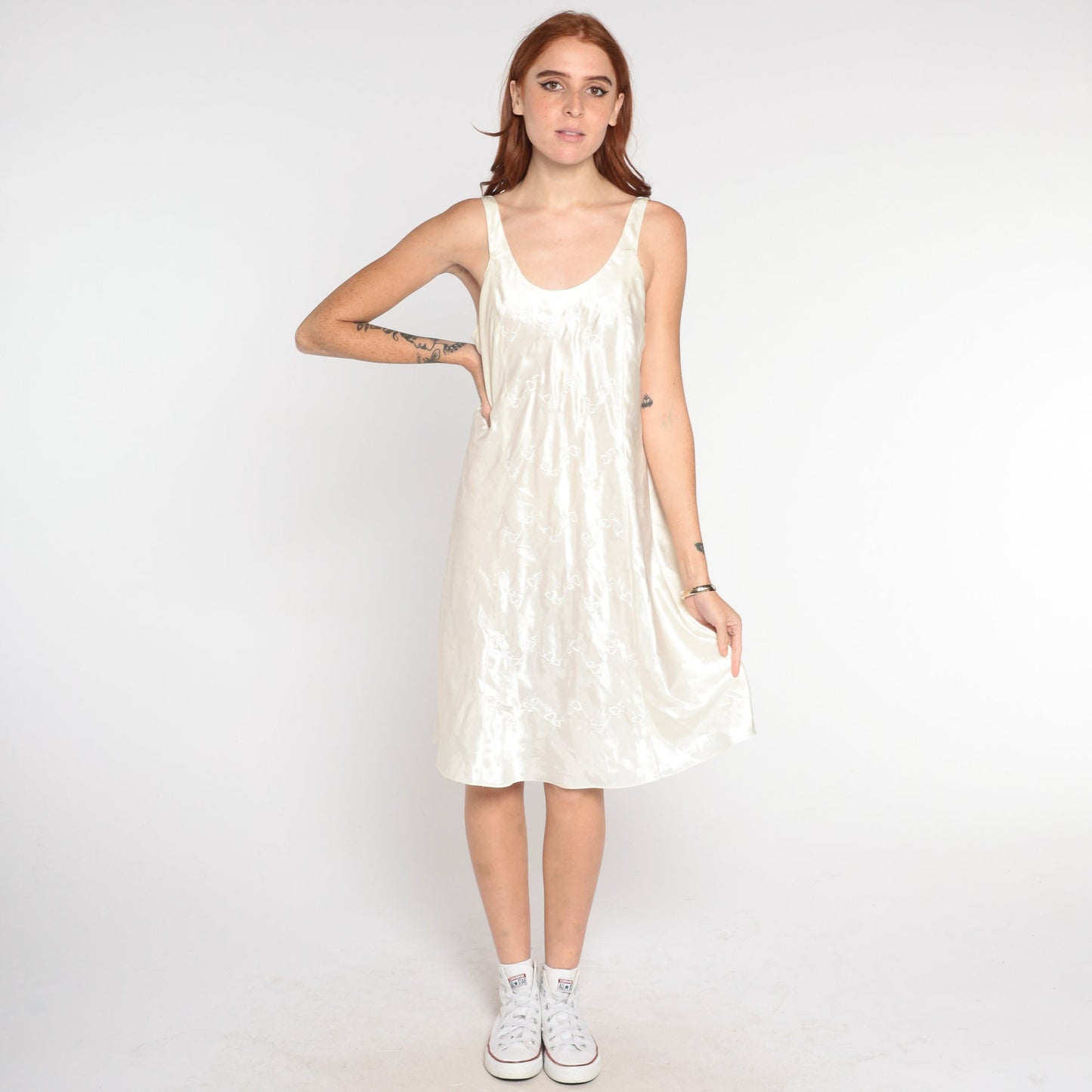 90s Ivory Slip Dress Embroidered Hearts Low Back Sleeveless Mini Nightgown Medium