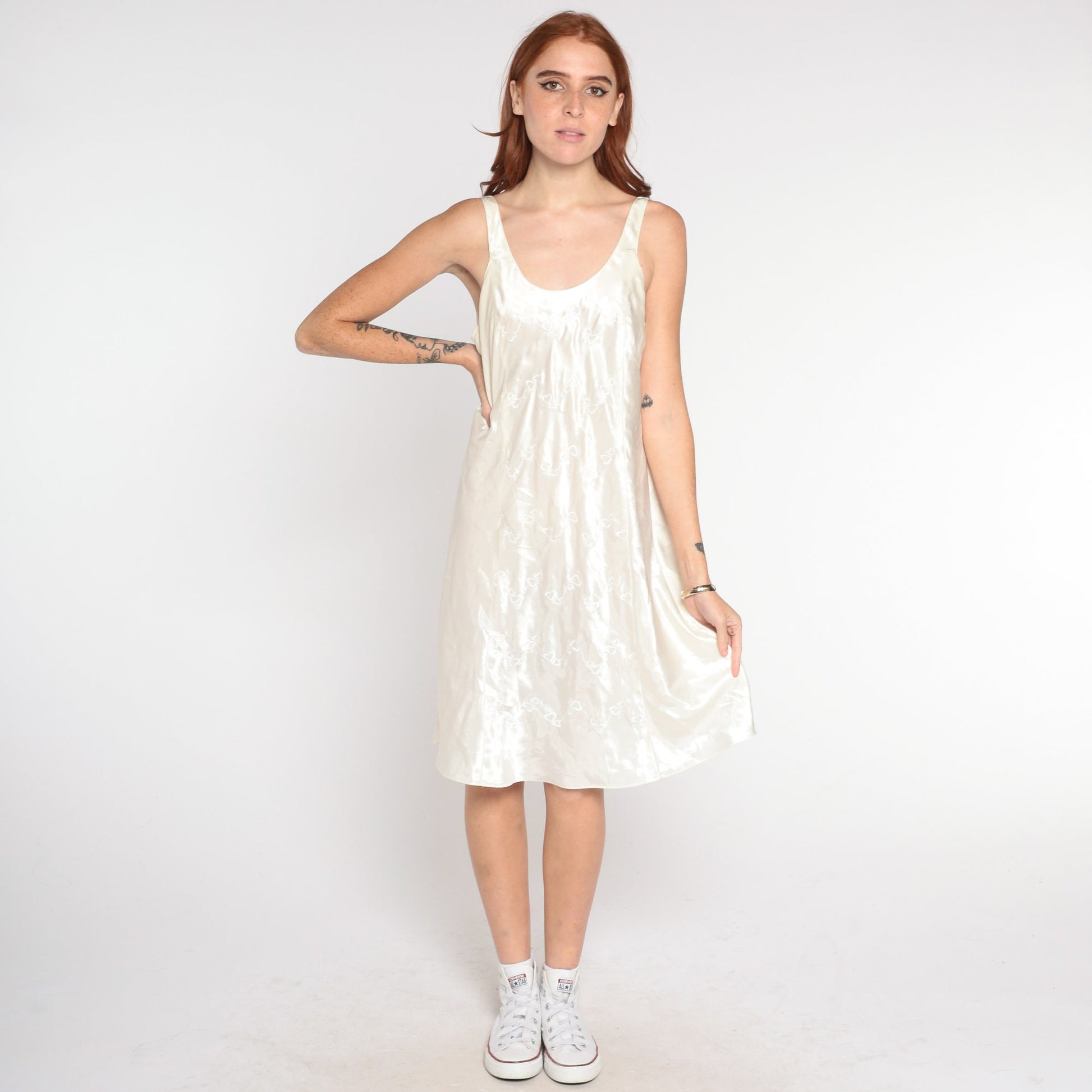 90s Ivory Slip Dress Embroidered Hearts Low Back Sleeveless Mini Nightgown Medium