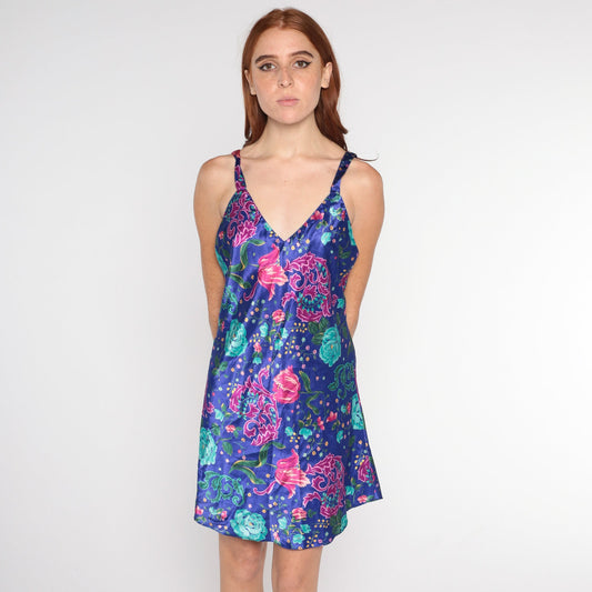 00s Floral Blue Mini Slip Dress Sleeveless V-Neck Nightgown Small Medium
