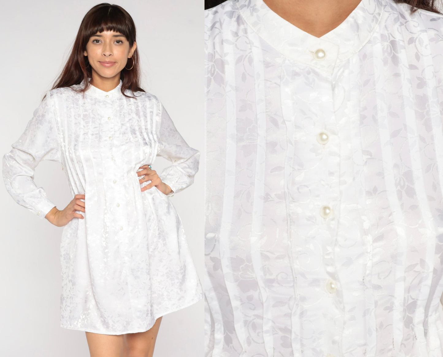 80s White Embossed Floral Mini Shirtdress Long Sleeve Pearl Buttons Extra Small