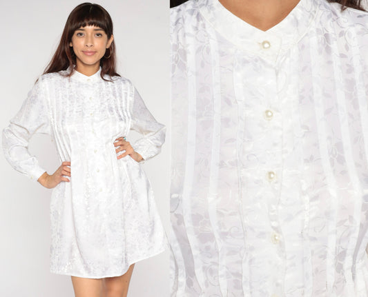 80s White Embossed Floral Mini Shirtdress Long Sleeve Pearl Buttons Extra Small