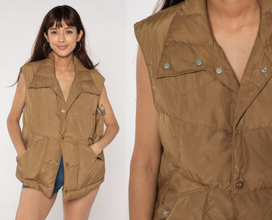 80s Tan Puffer Vest Down Fill Nylon Snap Front Sleeveless Jacket Extra Large