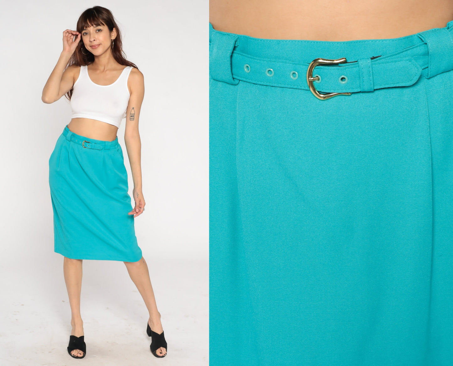 90s Turquoise Pleated Pencil Skirt High Waist Knee Length Belt Medium