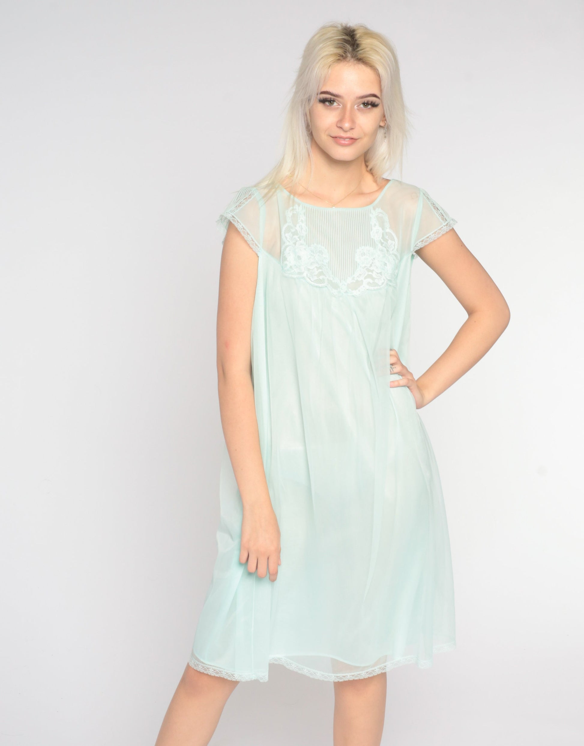 70s Mint Nylon Nightgown Lace Trim Mini Babydoll Slip Dress Large