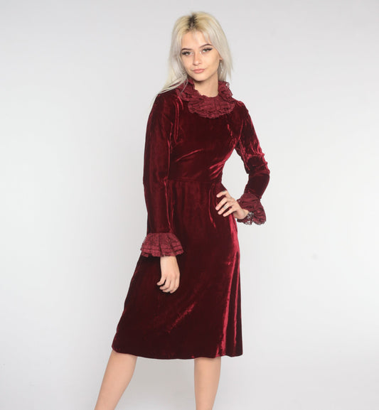 60s Red Velvet Midi Dress Lace Ruffle Long Sleeve High Waist Extra Small