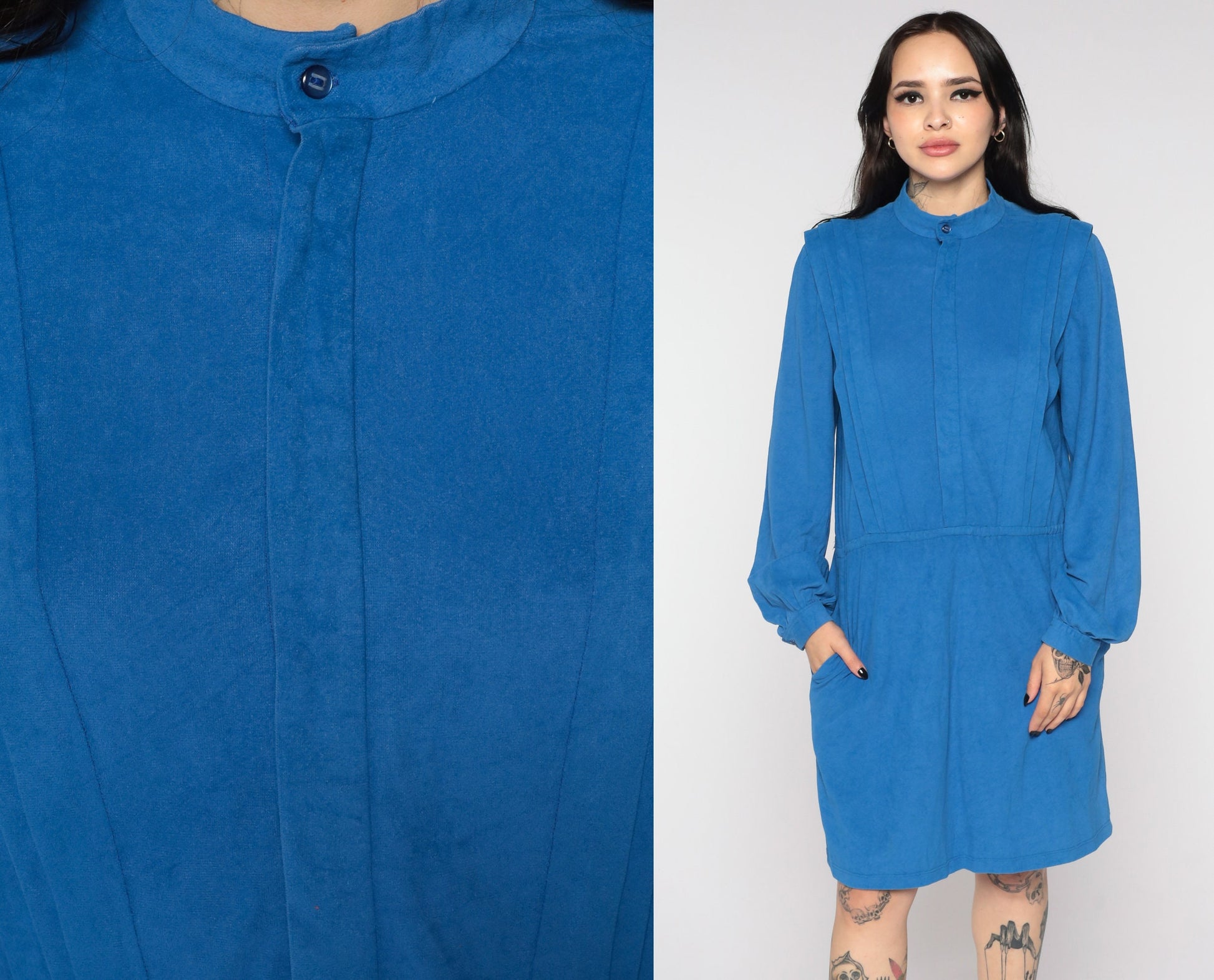 1970s Blue Faux Suede Mini Dress Long Sleeve Elastic Waist Medium Large