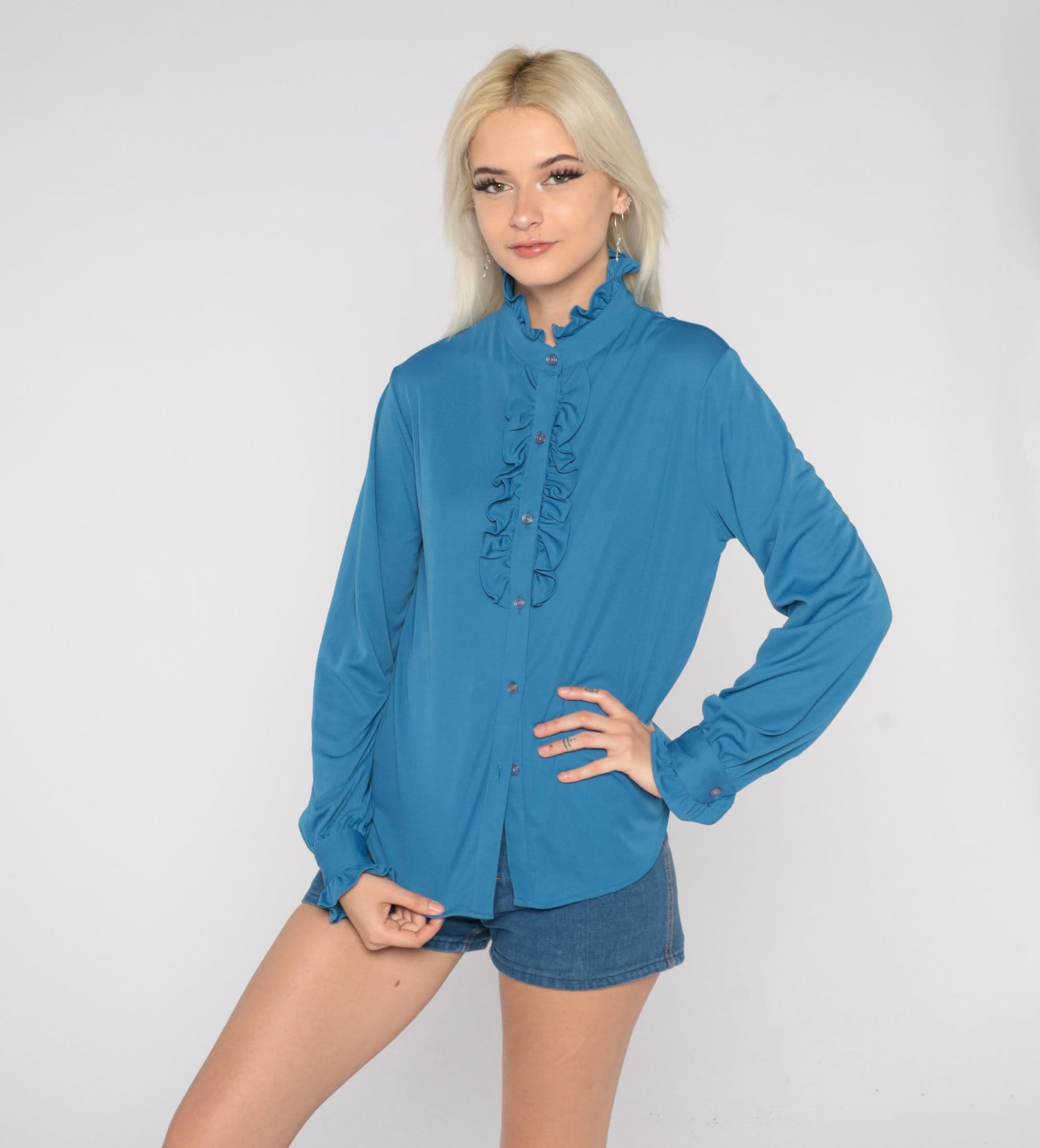 70s Blue Tuxedo Ruffle Blouse High Neck Button Up Long Sleeve Small
