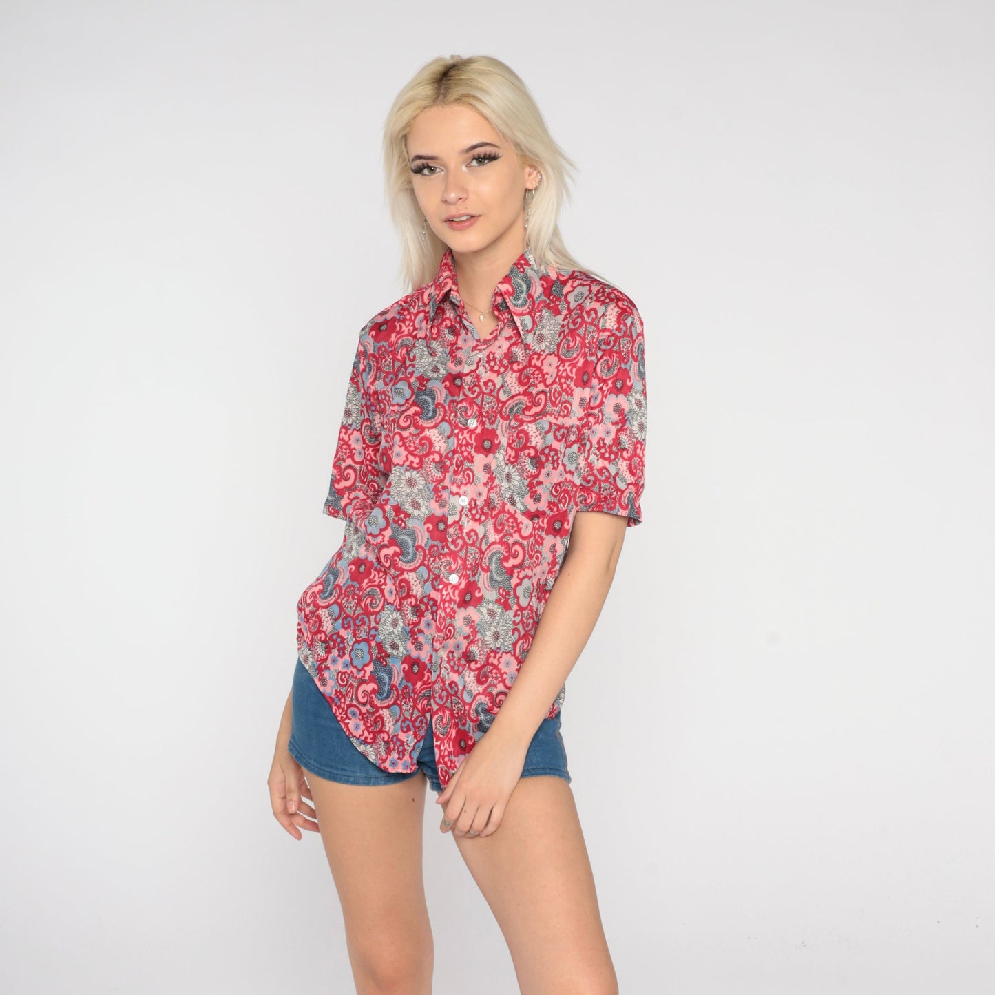 70s Psychedelic Floral Button-Up Shirt Pink Red Paisley Flower Print Medium