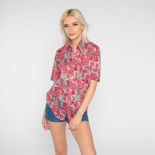 70s Psychedelic Floral Button-Up Shirt Pink Red Paisley Flower Print Medium