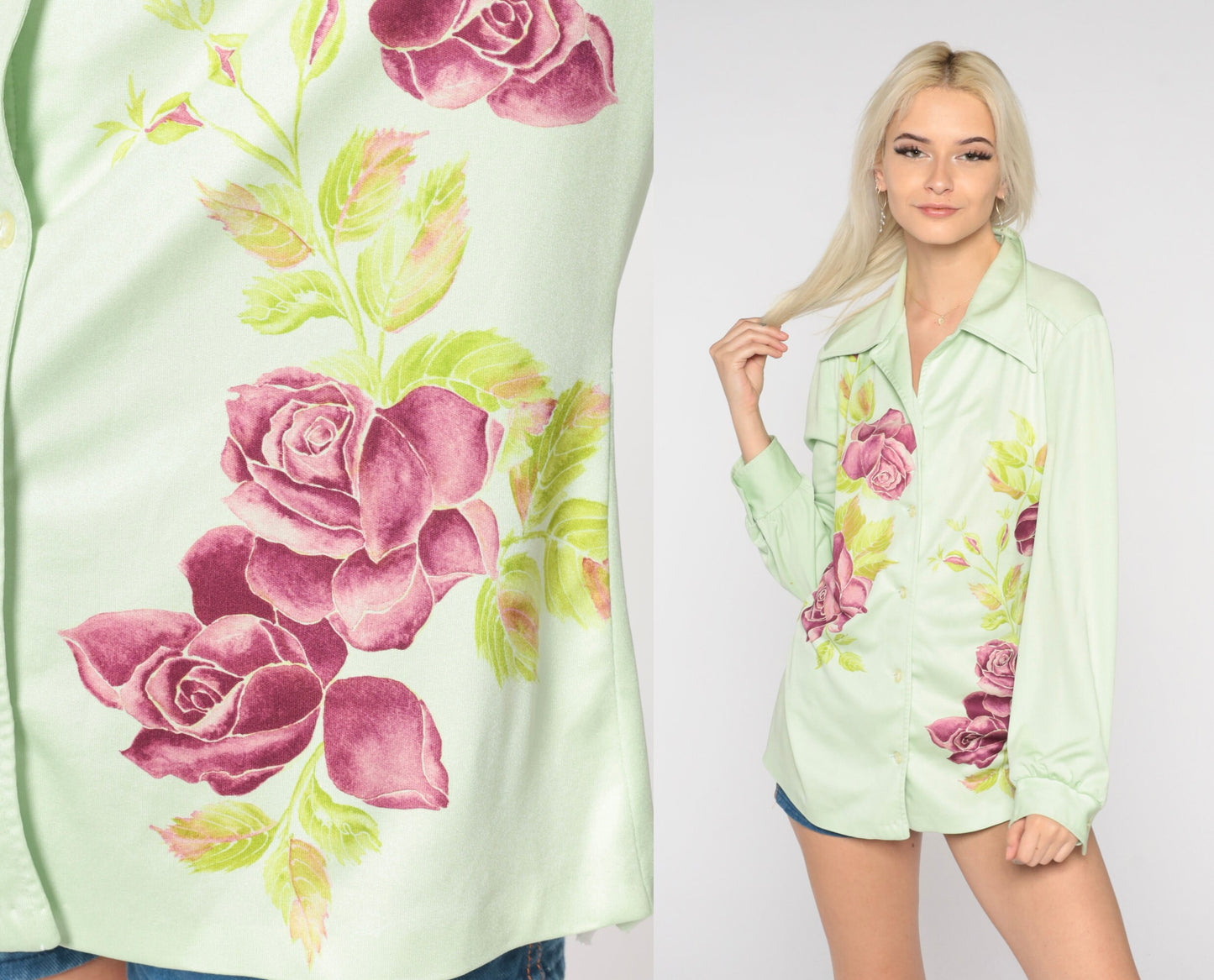 70s Green Floral Rose Print Blouse Pointed Collar Long Sleeve Button Up Medium