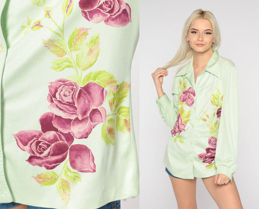 70s Green Floral Rose Print Blouse Pointed Collar Long Sleeve Button Up Medium