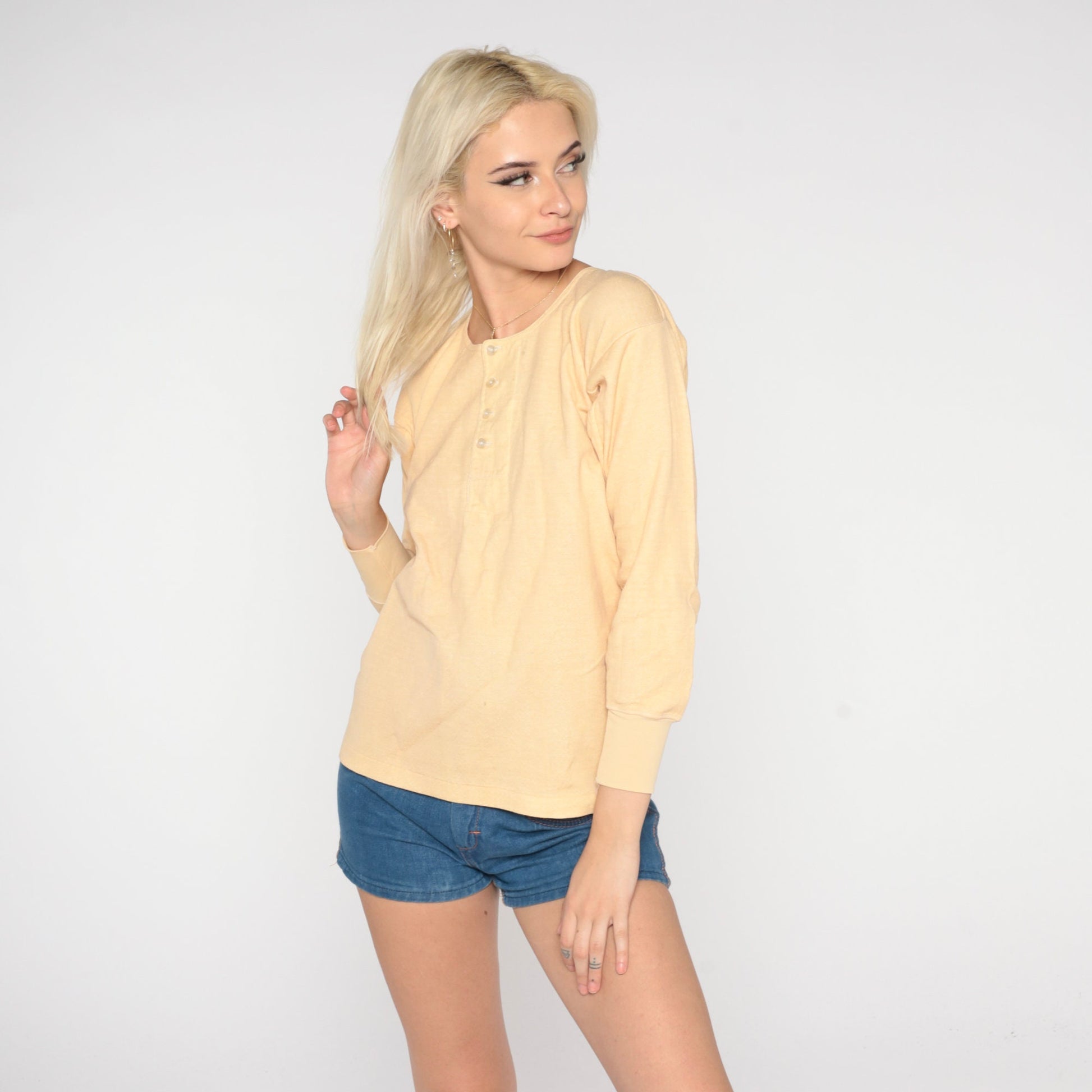 80s Riverlon Thermal Henley Peach Long Sleeve Button Up Medium