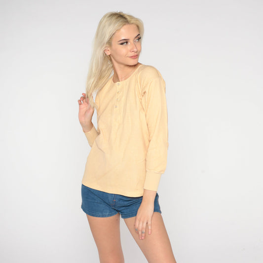 80s Riverlon Thermal Henley Peach Long Sleeve Button Up Medium