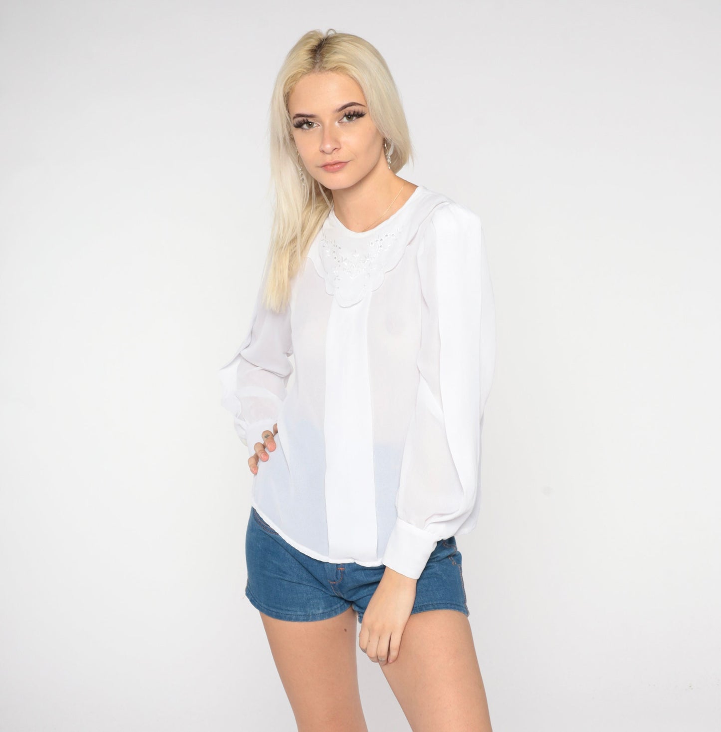 80s White Eyelet Blouse Puff Sleeve Sheer Bib Top Small