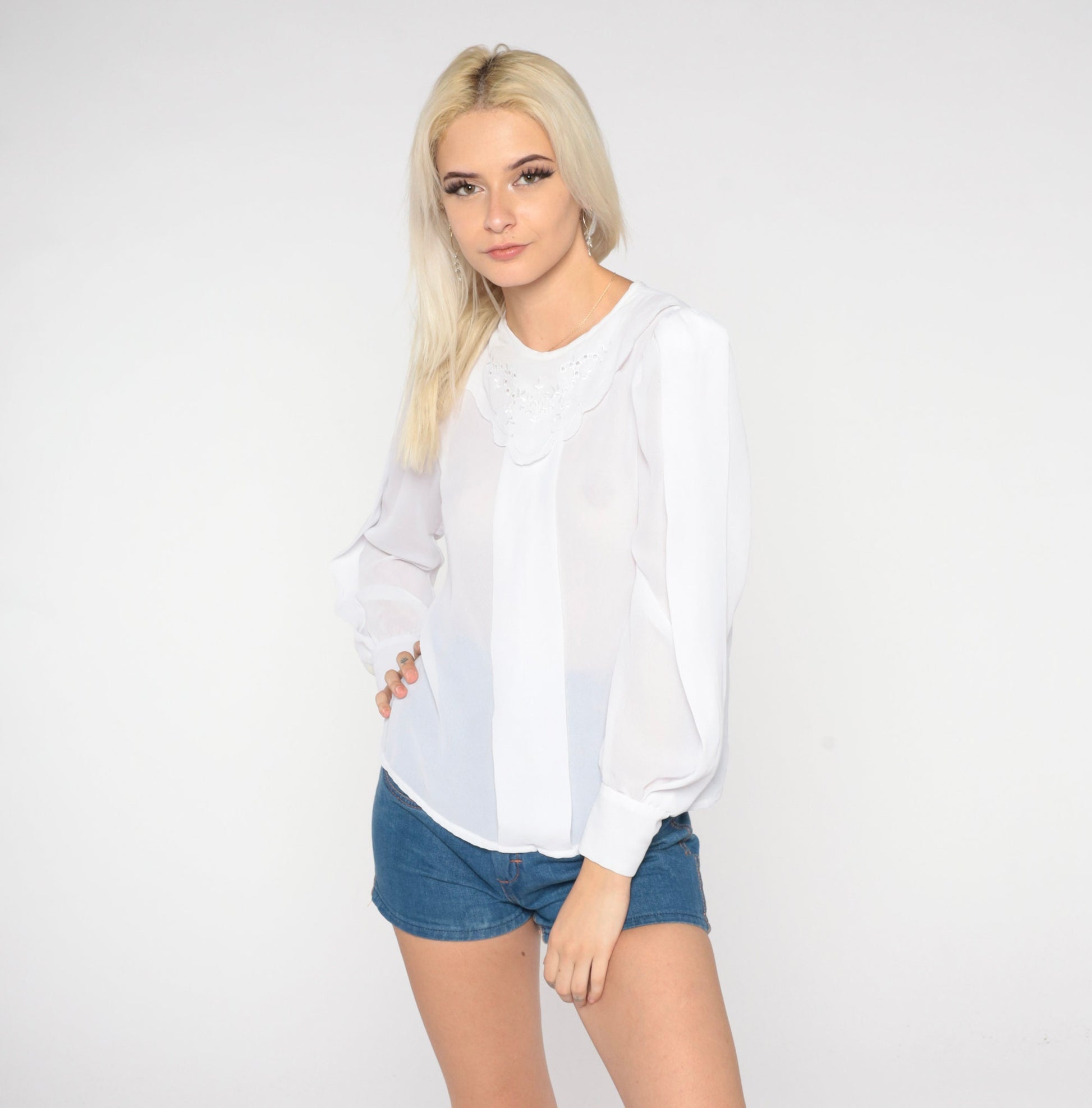 80s White Eyelet Blouse Puff Sleeve Sheer Bib Top Small