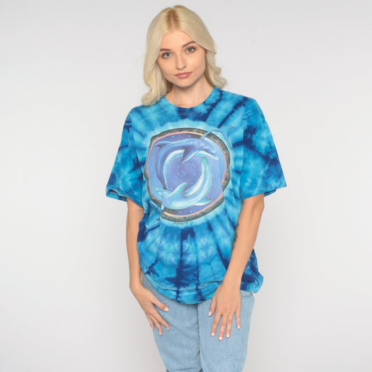 90s Dolphin Tie Dye Graphic T-Shirt Blue Galactic Print Cotton Medium