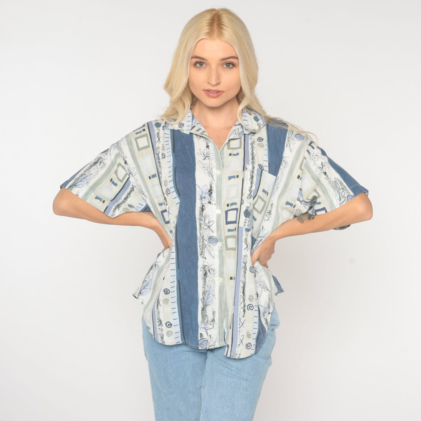 90s Geometric Striped Button Up Blouse Blue White Leaf Print Large L