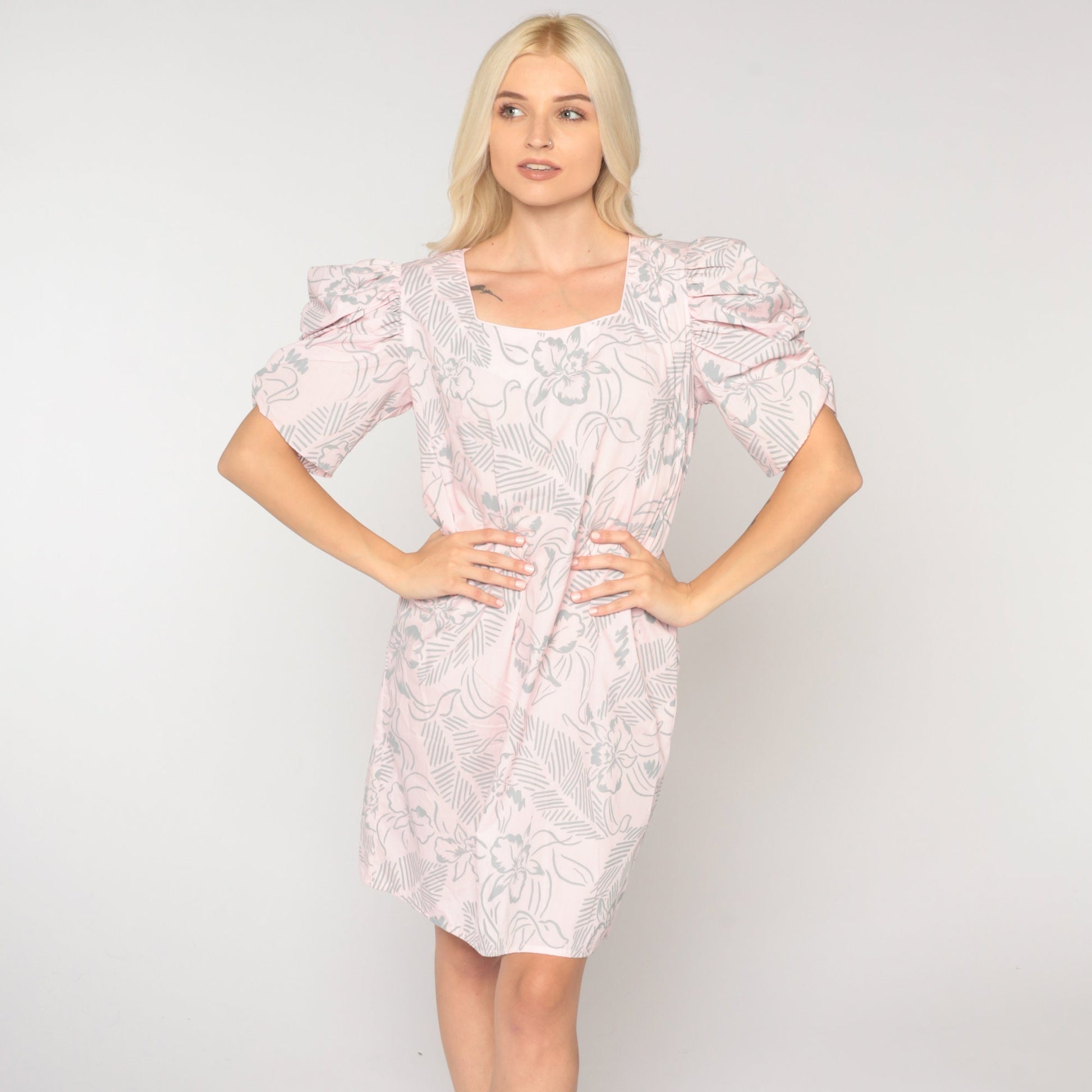 80s Floral Mini Dress Puff Sleeve Shift Dress Pink Botanical Small S