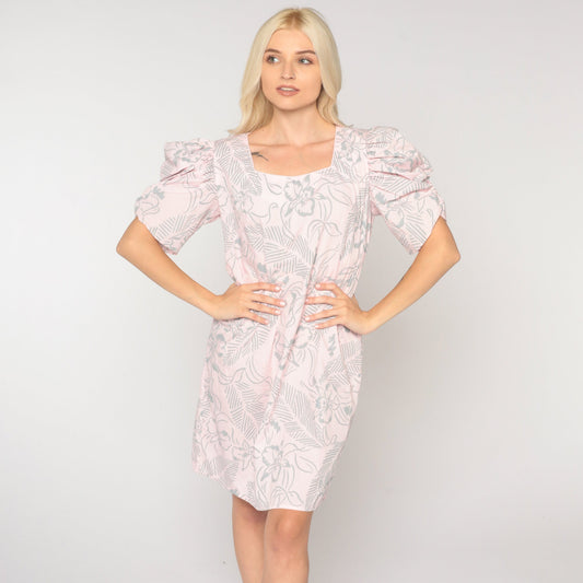 80s Floral Mini Dress Puff Sleeve Shift Dress Pink Botanical Small S