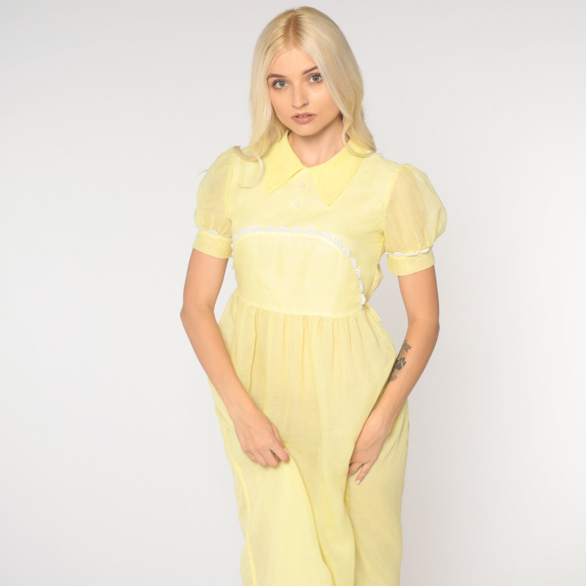 1970s Sheer Pastel Yellow Maxi Dress Puff Sleeve High Waist Extra Small