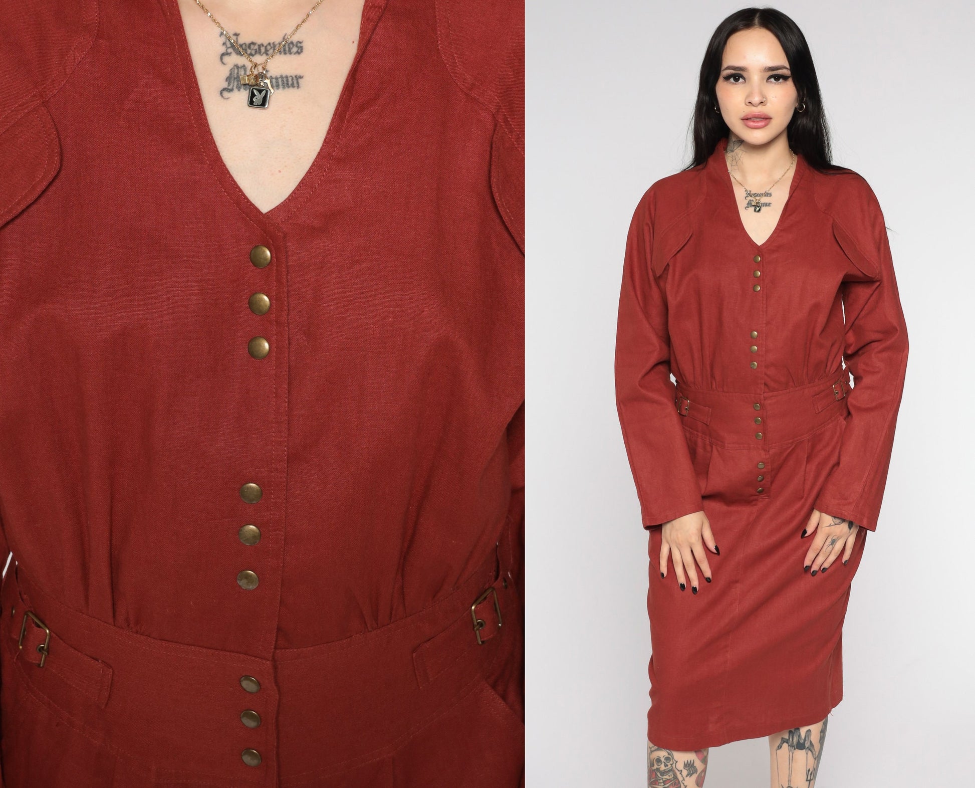 80s Rust Button-Up Sheath Dress V-Neck Long Sleeve Midi Medium