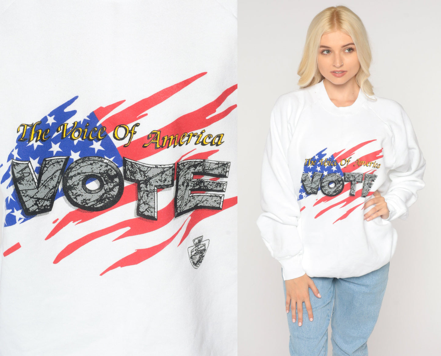 90s Voice of America Vote Sweatshirt Raglan Graphic Crewneck Extra Large