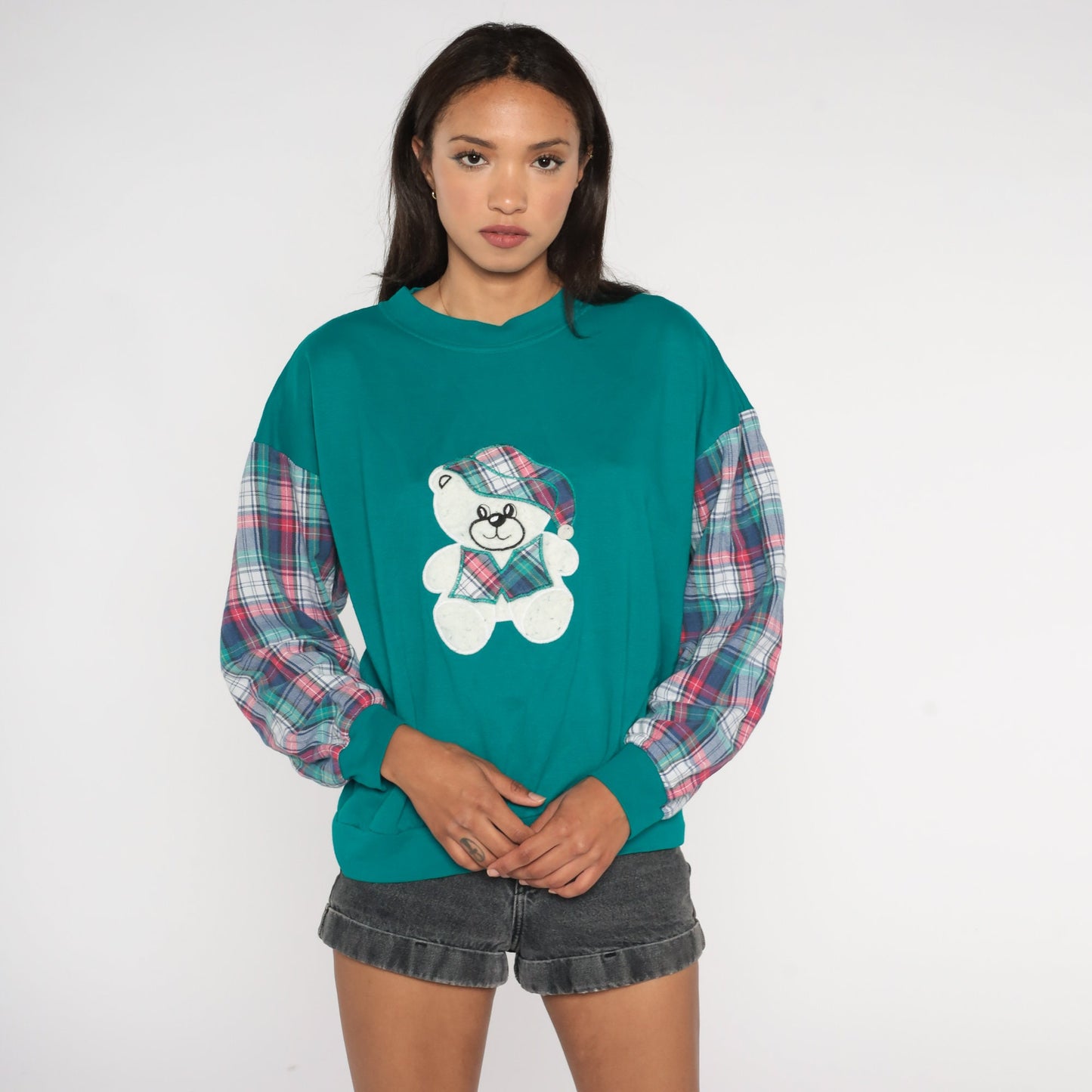 90s Teddy Bear Teal Plaid Sleeve Crewneck Sweatshirt Large L
