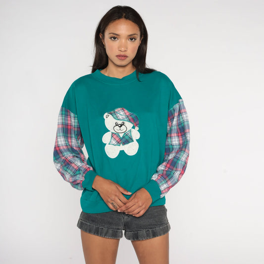 90s Teddy Bear Teal Plaid Sleeve Crewneck Sweatshirt Large L