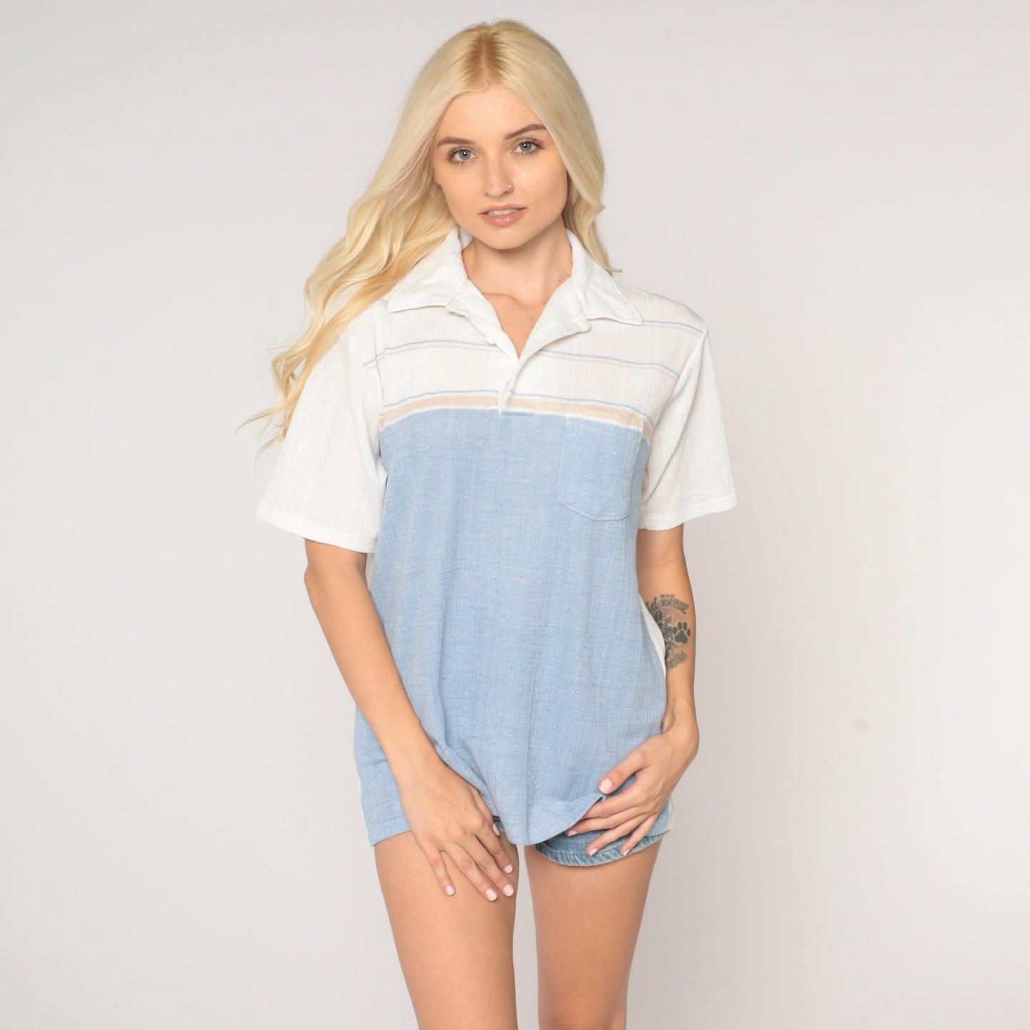 80s Color Block Striped Polo Shirt Baby Blue White Half Button Collared Medium Large