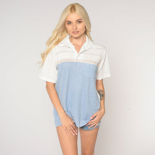 80s Color Block Striped Polo Shirt Baby Blue White Half Button Collared Medium Large