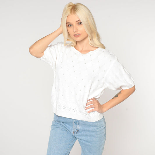 80s Liz Claiborne White Knit Blouse Beaded Cutout Short Sleeve Large L