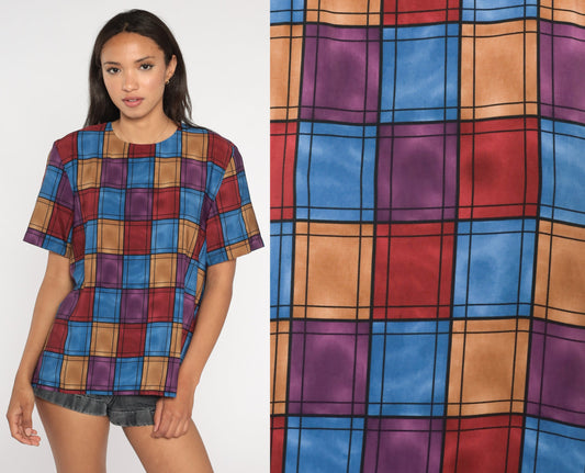 90s Checkerboard Blouse Purple Pink Blue Geometric Short Sleeve Medium M