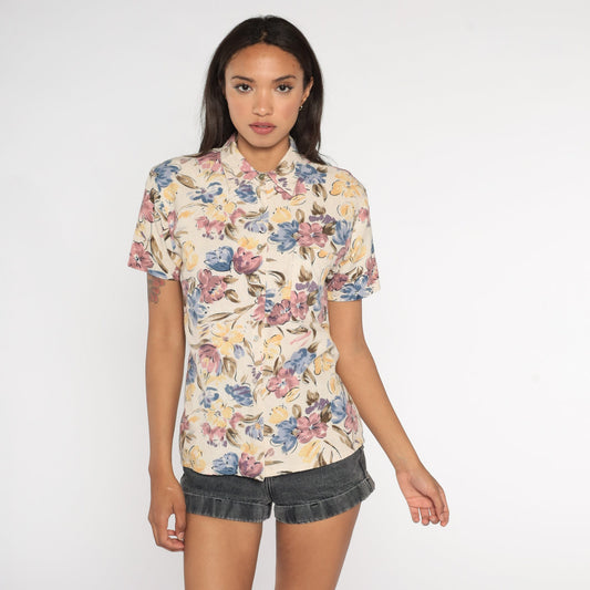 90s Silk Floral Button-Up Shirt Short Sleeve Botanical Beige Blue Yellow Small